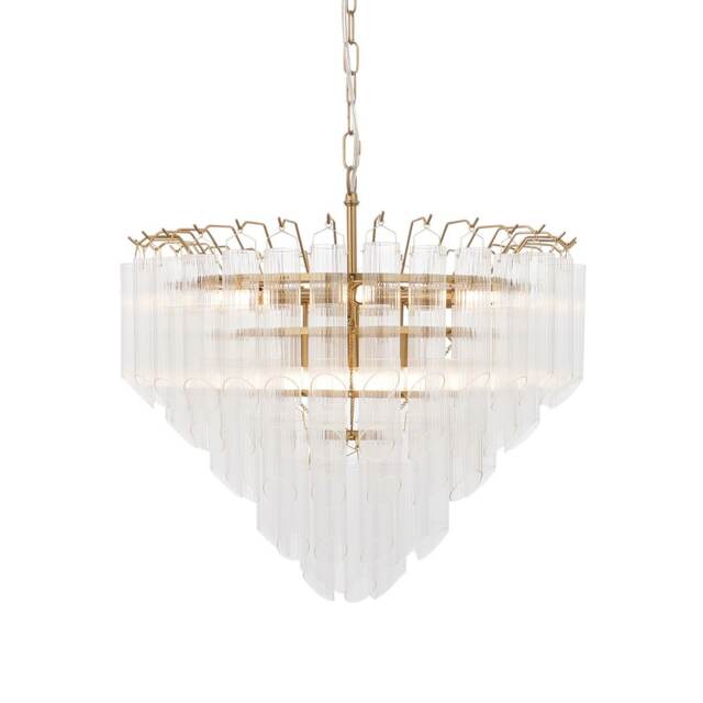 Toulouse Pendant Ceiling Light Satin Brass Plate, Clear Ribbed Glass, 12x G9