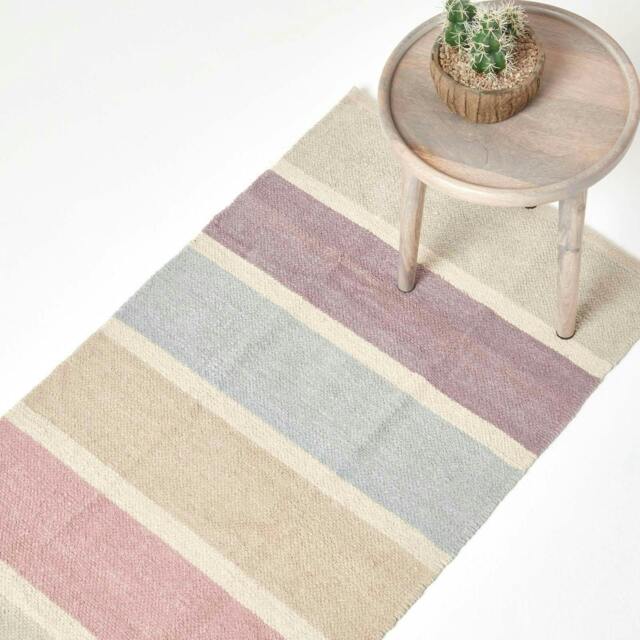 Homescapes Cotton Chenille Striped Rug Blue Beige Grey Natural - 110 x 170 cm Pink Blue beige purple heather grey natural stripes