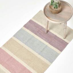 Homescapes Cotton Chenille Striped Rug Blue Beige Grey Natural - 110 x 170 cm Pink Blue beige purple heather grey natural stripes