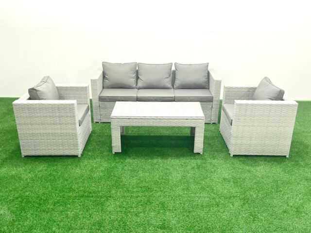 Fimous Rattan Garden Furniture Set 4 Pieces Outdoor Garden Sofa Oblong Coffee Table Set with 2 Chairs Light Grey Mixed