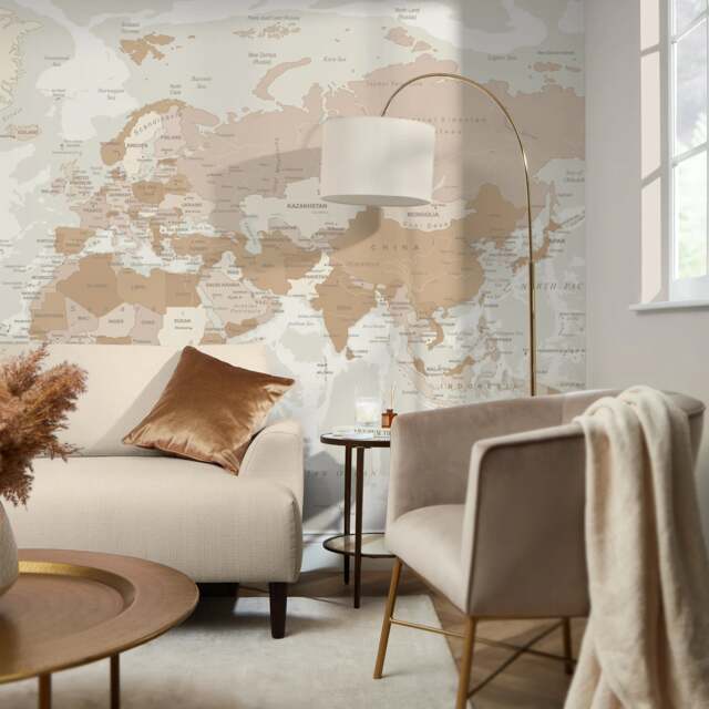 World Map Full Wall Mural in Neutral Cream Neutral Large (300cm x 240cm)