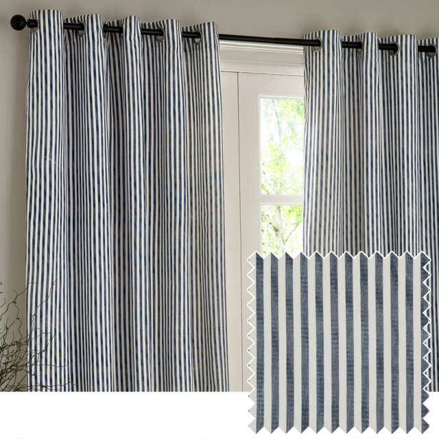 Yard Hebden Striped Cotton Navy Eyelet Curtains (W)229cm x (D)183cm Multi