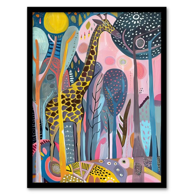 Quirky Giraffe Folk Art Colourful Trees Living Room Black Framed Wall Art Print A4