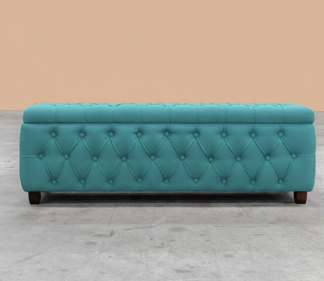 120cm Riga Ottoman Storage Box with Wooden Legs, Duck Egg Velvet Upholstered Chesterfield Storage Ottoman Box