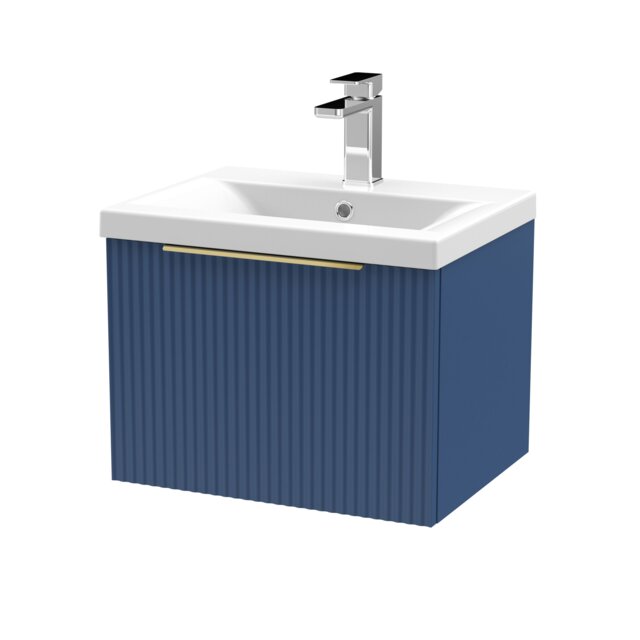 Balterley Fluted Front Wall Hung Single Drawer Bathroom Vanity Unit with 1 Tap Hole Ceramic Basin, Handles Blue Satin Blue