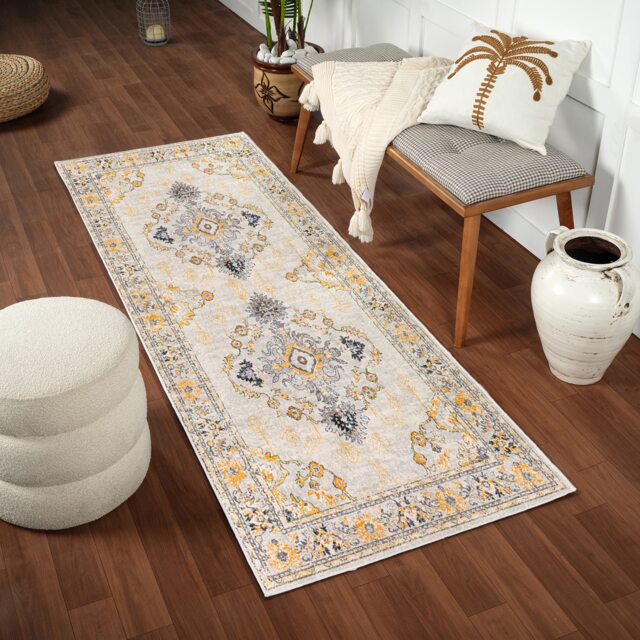 LIVABLISS Floransa-Vintage Traditional Boho Rug 80 x 220 cm Beige Grey Blue Yellow