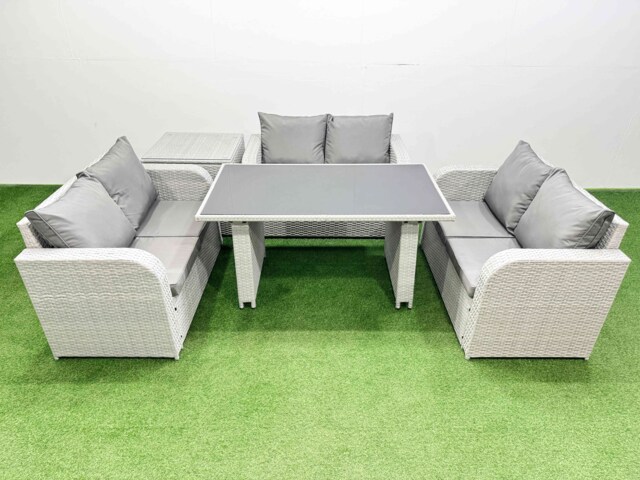 Fimous 6 Seater Patio Garden Furniture Sets with Black Glass Top Dining Table Love Sofa Side Table Light Grey