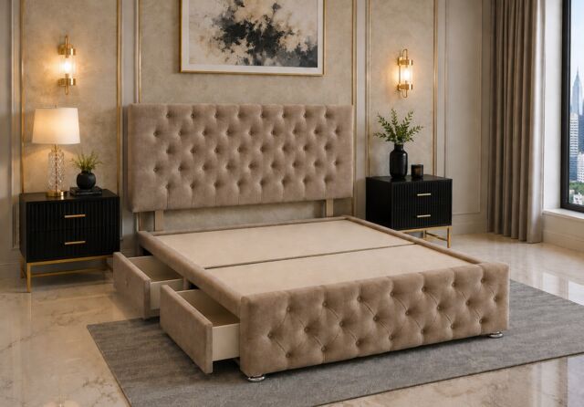 Brooklyn Divan Bed with Upholstered Headboard & Footboard Base - Double Beige Naples 2 Drawers Storage Right Side in Bed