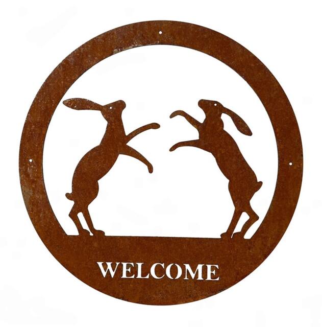 Boxing Hares Large Wall Art - With Text - Steel - W49.5 x H49.5 cm - Bare Metal/Ready to Rust Brown