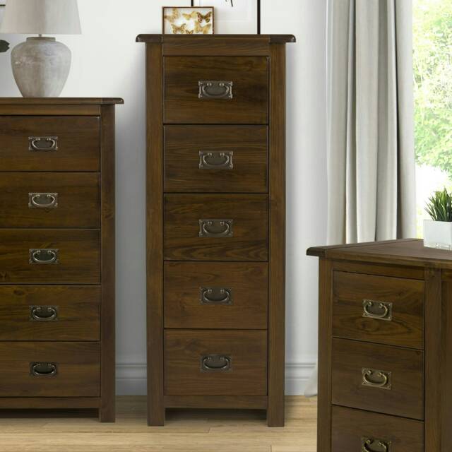 Boston 5 Drawer Narrow Chest - Rich Dark Brown Lacquer Solid Wood Bedroom Storage with Brass Handles Brown Brown 1