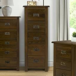 Boston 5 Drawer Narrow Chest - Rich Dark Brown Lacquer Solid Wood Bedroom Storage with Brass Handles Brown Brown 1