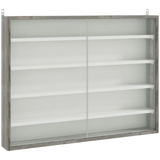 HOMCOM 5-Tier Wall Mounted Display Cabinet, Display Case with 4 Adjustable Shelves, Glass Doors for Home Office Ornaments 60x80cm, Grey Wood Grain