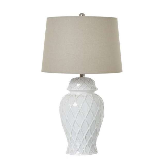 Ginger Jar Lamp with Linen Shade - Ceramic - L38 x W38 x H64 cm - White White