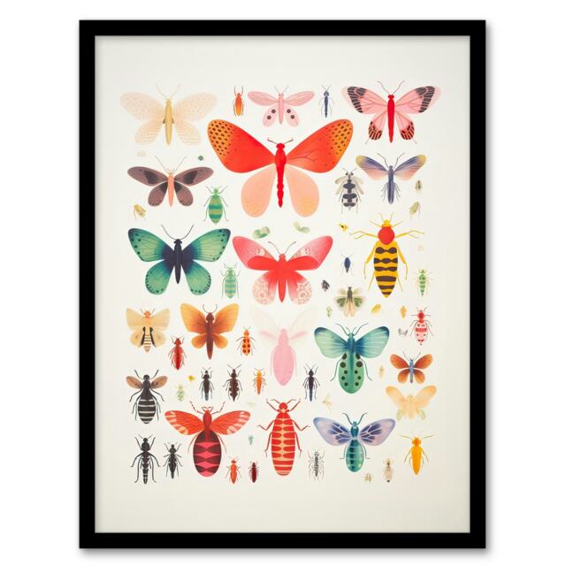Colourful Insects Butterflies and Bugs Home Decor Black Framed Wall Art Print A4