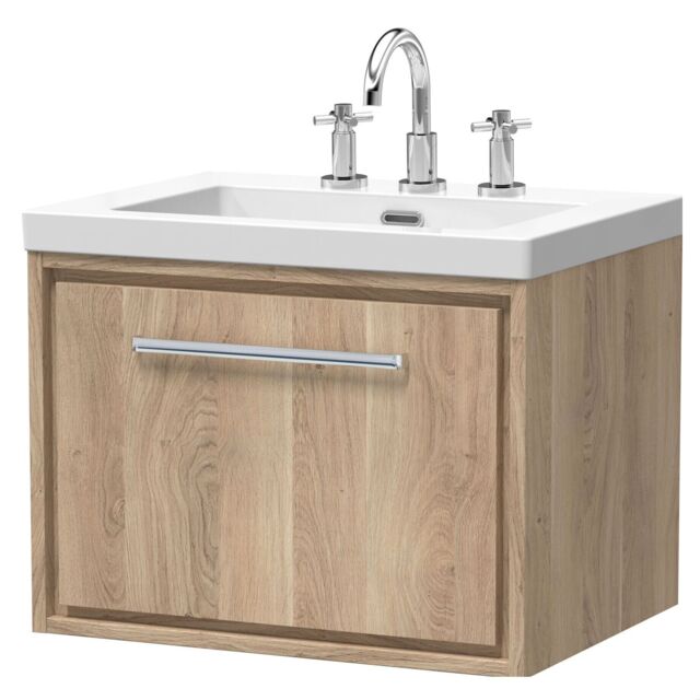 Balterley Longnor 1 Drawer Wall Hung Vanity Unit with 3 Tap Hole Modern Fireclay Basin, Light Oak, 600mm