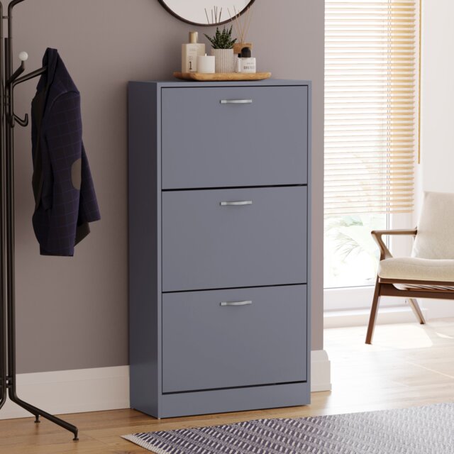 Vida Designs 3 Drawer Shoe Cabinet Shoe Rack Storage Cupboard, Grey