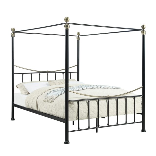Marylebone Traditional Four Poster Canopy Metal Bed Frame Black Black & Brass King