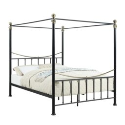 Marylebone Traditional Four Poster Canopy Metal Bed Frame Black Black & Brass King