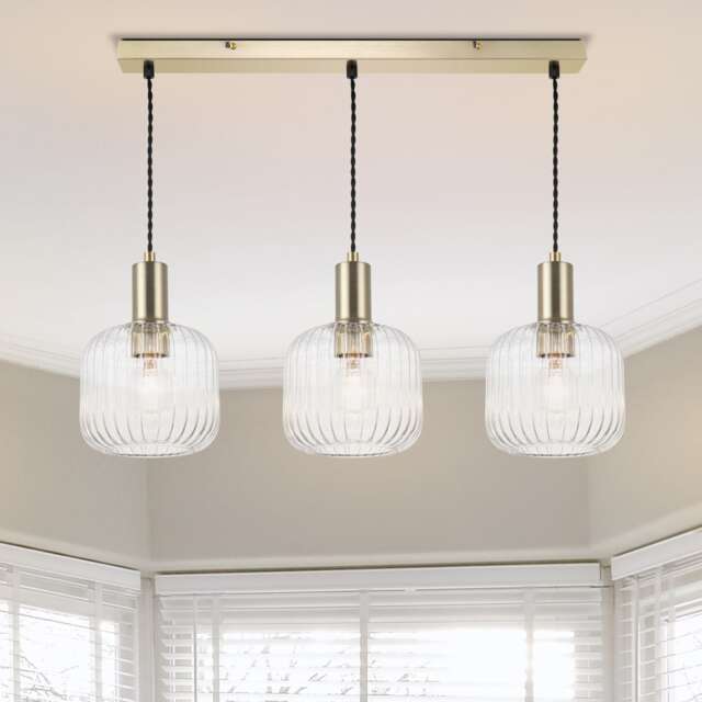 COSYLYTE Clayton 3 Light Modern Ribbed Glass Bar Pendant Light - Brushed Brass Gold Brushed Brass 1
