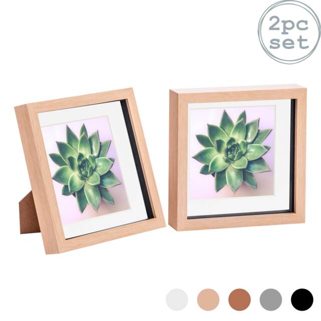 "Nicola Spring 8 x 8"" Photo Frames - Light Wood/White Mount - 3D Picture Frame Box Portrait Display Case (22.5 x 22.5cm) Set of 2"