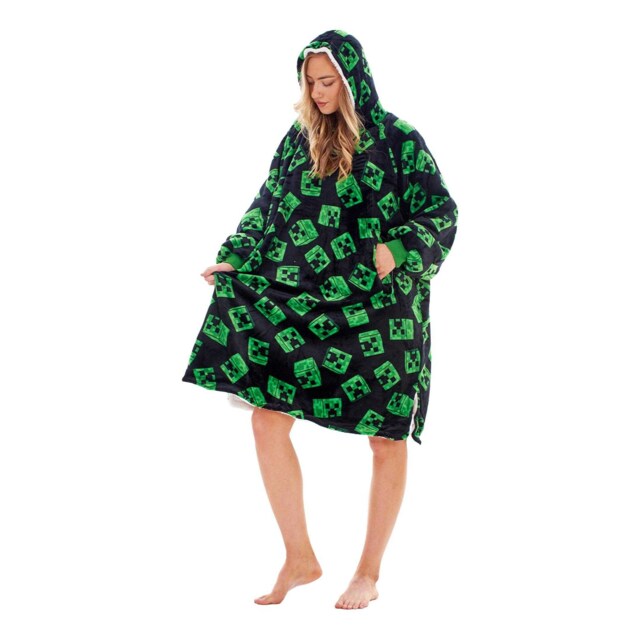 Minecraft Unisex Adult Fleece Sherpa Lined Oversized Blanket Hoodie Black Black/Green One Size 1