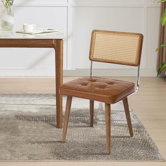 London Boutique Rattan Dining Chair, Upholstered Chair with Solid Wood Legs, Brown