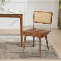 London Boutique Rattan Dining Chair, Upholstered Chair with Solid Wood Legs, Brown