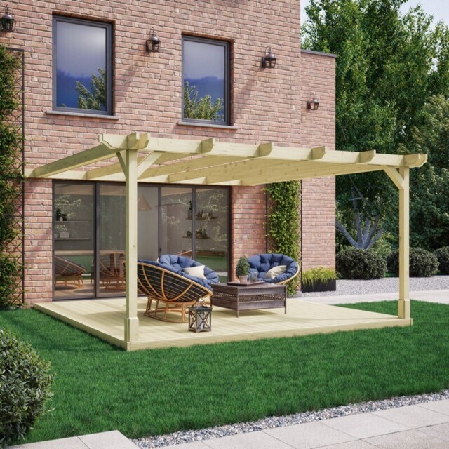 Wall Mounted Double Premium Pergola and Decking Kit - Wood - L480 x W480 x H270 cm - Light Green