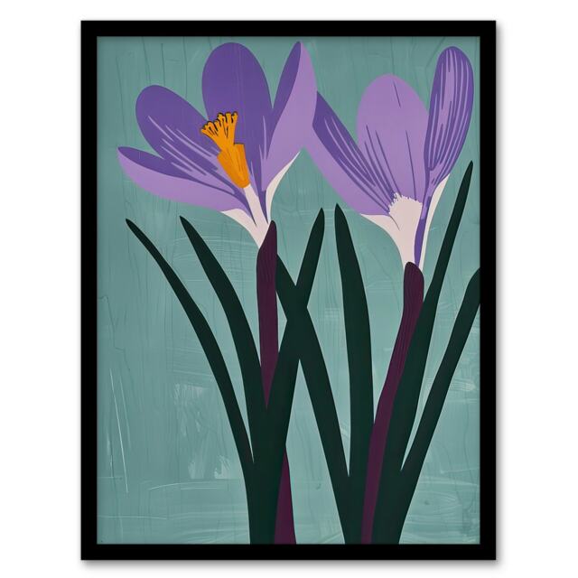 Two Purple Crocus Flowers Simple Floral Home Decor Black Framed Wall Art Print A4