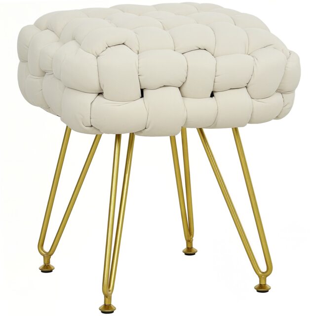 HOMCOM Square Foot Stool, Woven Footrest Ottoman with Metal Legs, Padded Makeup Vanity Stool, Velvet Dressing Table Seat for Bedroom, Cream White Cream 1