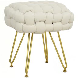 HOMCOM Square Foot Stool, Woven Footrest Ottoman with Metal Legs, Padded Makeup Vanity Stool, Velvet Dressing Table Seat for Bedroom, Cream White Cream 1