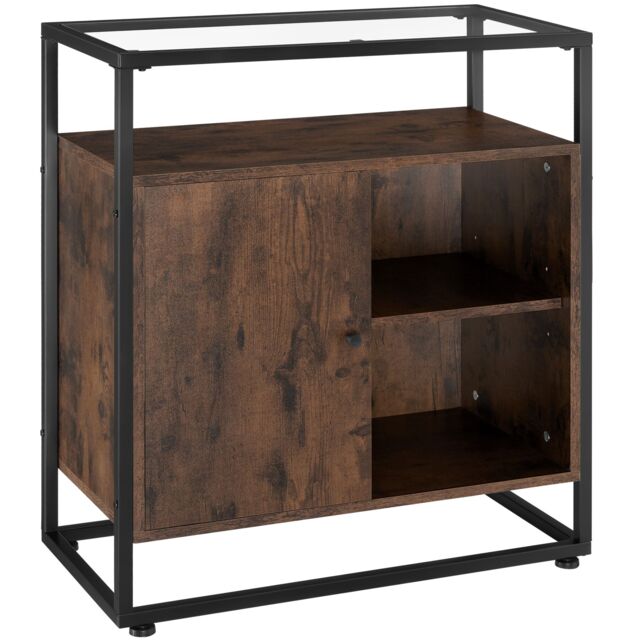 Sideboard Coventry - glass tabletop, open shelves, storage cabinet Brown Industrial wood dark, rustic 70 x 38 x 80,50 cm 1