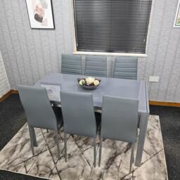 Modern Rectangle Glass Dining Table Set With 6 Grey Faux Leather Chairs Dining Room Furniture Grey One Size 7