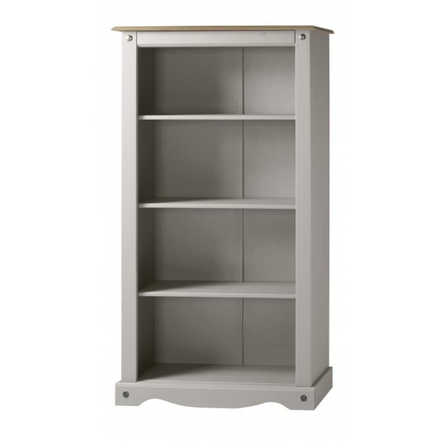 Mercers Furniture Corona Grey Wax Medium Bookcase Open Shelving Display Unit Solid Wood Pine Wooden with Mexican Styling