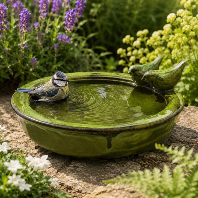 CKB LTD Ceramic Bird Bath for Garden Birds Wildlife Drinking Bowl, Green