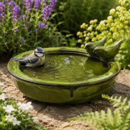 CKB LTD Ceramic Bird Bath for Garden Birds Wildlife Drinking Bowl, Green