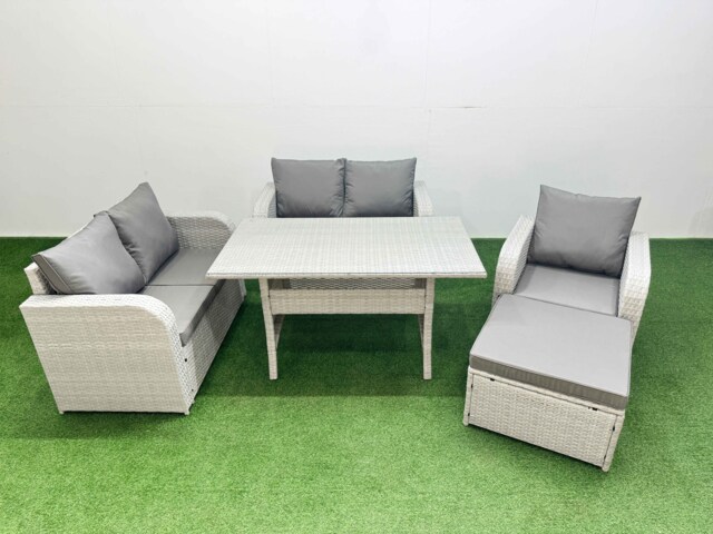 Fimous High Back Poly Rattan Garden Furniture Set with Reclining Chair Loveseat Sofa Rectangular Dining Table Indoor Outdoor Patio Set Big Stool Light Grey