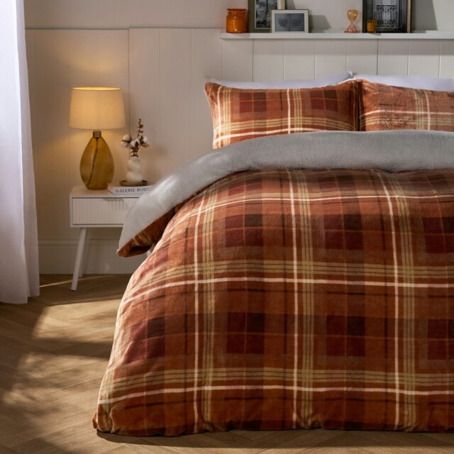 OHS Autumnal Check Print Soft Cosy Warm Plush Fleece Duvet Cover and Pillowcase Bedding Set Orange Rust Double