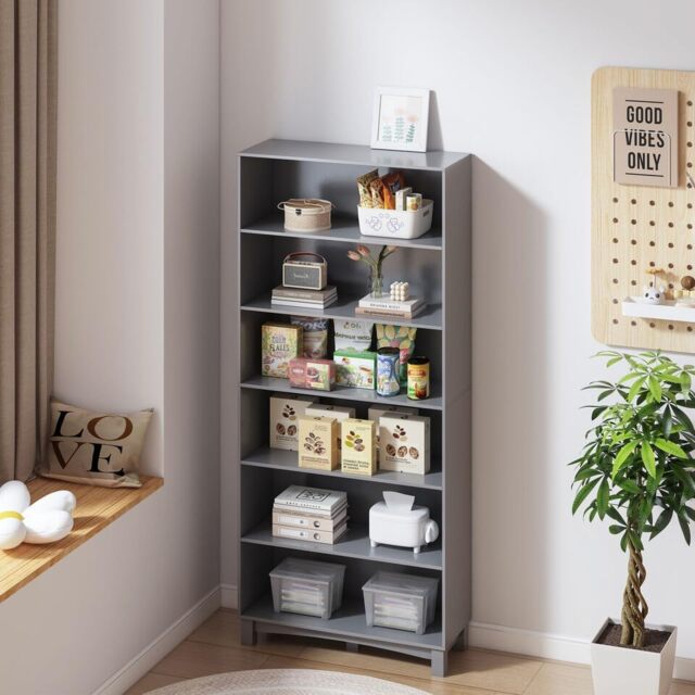 Wide Shelf Tier Wooden Bookcase Shelving Modern Open Display Storage Cabinet Grey Grey 6 Tier Wide 1