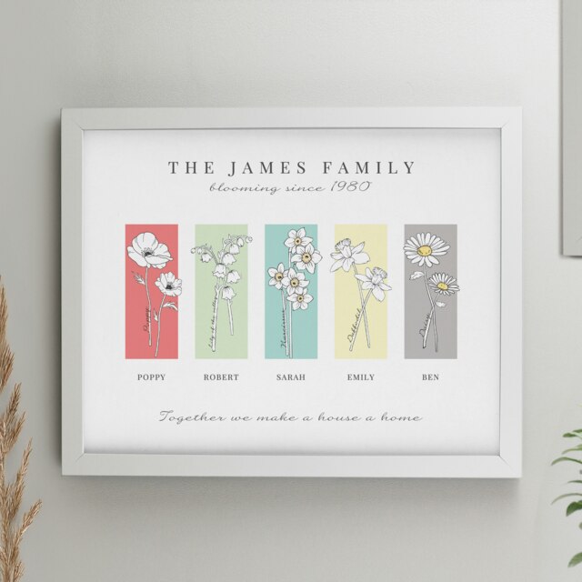 Personalised Birth Flower Family of 5 White Framed Print White One Size