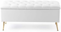 90cm Amara Chesterfield Ottoman Storage Bench - Plush Velvet Shoes Bench - White Upholstery Footstool Storage with Legs