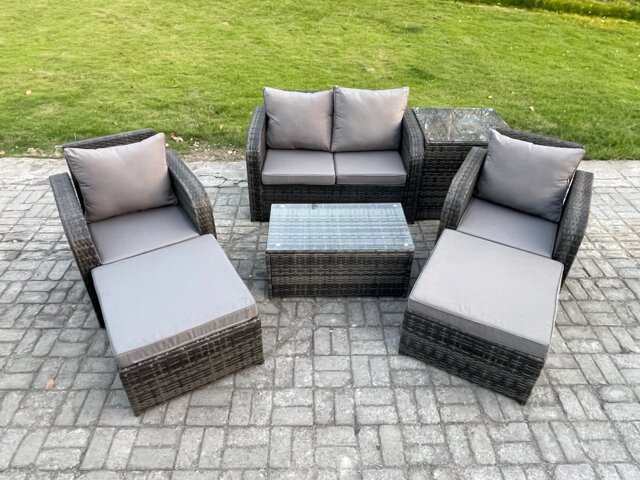 Fimous Outdoor Lounge Sofa Set Rattan Garden Furniture Set with Rectangular Coffee Table 2 Big Footstool Side Table Dark Grey Mixed