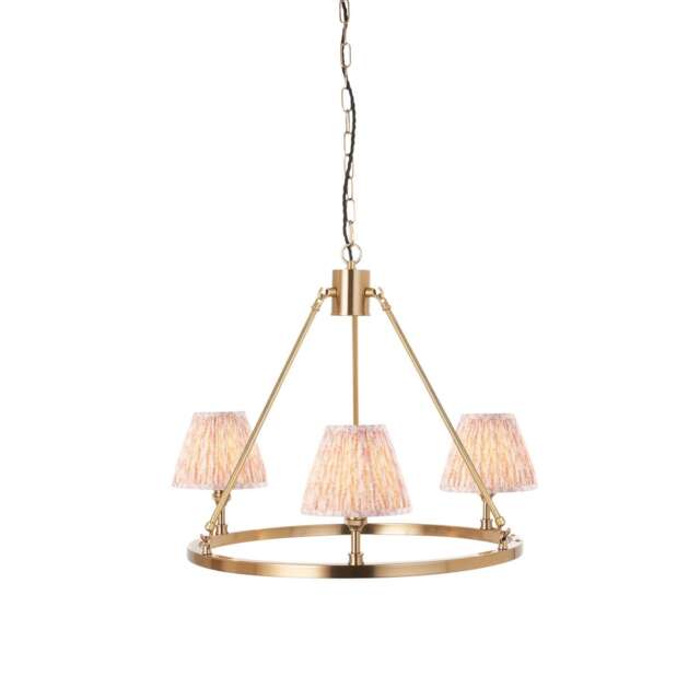Chester Brushed Aged Brass Plate Pendant Light with Peachy Keen Fabric Leaf Shade 16cm 3x B22