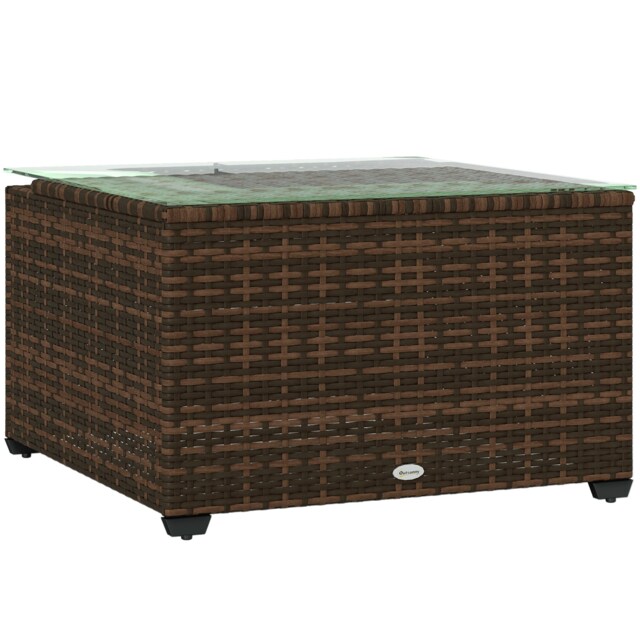 Outsunny Outdoor Coffee Table, PE Rattan Side Table with Tempered Glass Top, Wicker Square Garden Coffee Table End Table with Steel Frame for Patio, Balcony, 60 x 62 x 38cm, Brown Brown 62L x 62W x 38Hcm