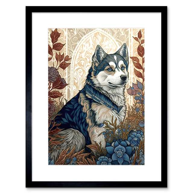 "Siberian Husky Dog Autumn Flower Art Nouveau 9x7"" Black Framed Wall Art Print"