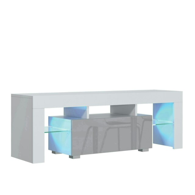 TV Unit 130cm Grey Gloss Door White Matt Body with Glass Sides Free LED White Grey One Size 1