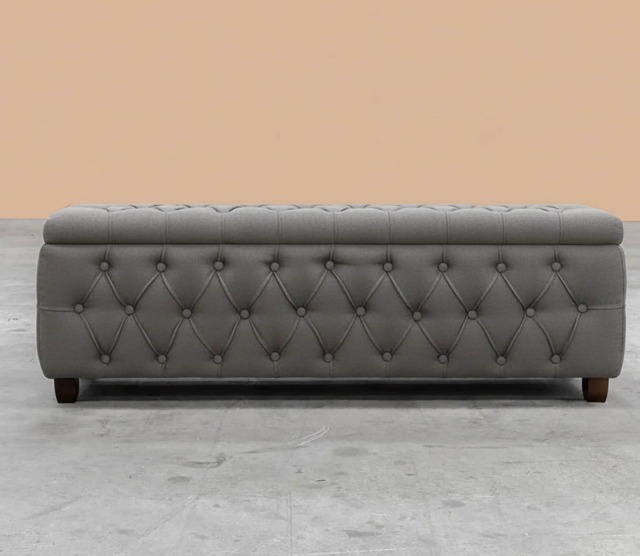 90cm Riga Ottoman Storage Box with Wooden Legs, Grey Velvet Upholstered Chesterfield Storage Ottoman Box