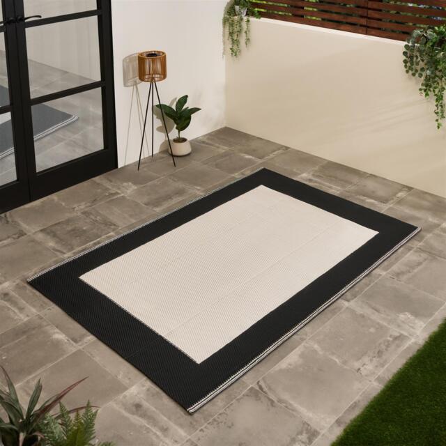 OHS Contrast Border Reversible Outdoor Garden Rug Waterproof Area Mat Multi Black/Cream