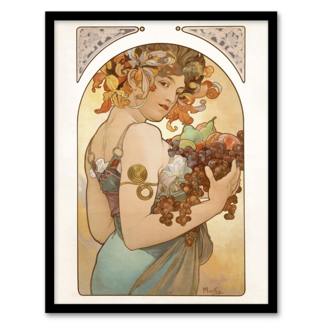 "Woman With Fruit Art Nouveau France Vintage Framed Wall Art Print Mucha 12x16"""