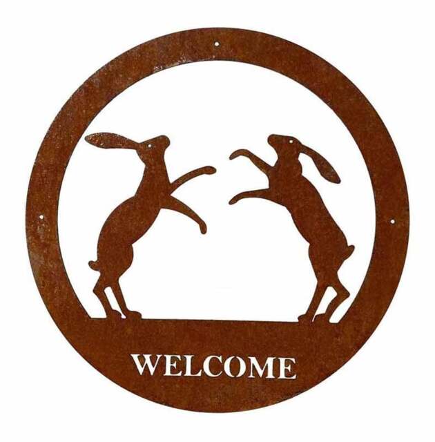 Boxing Hare Welcome Wall Art - Large - Steel - W49.5 x H49.5 cm - Bare Metal/Ready to Rust Brown